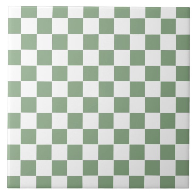 Checkered Sage Green and White Ceramic Tile (Front)