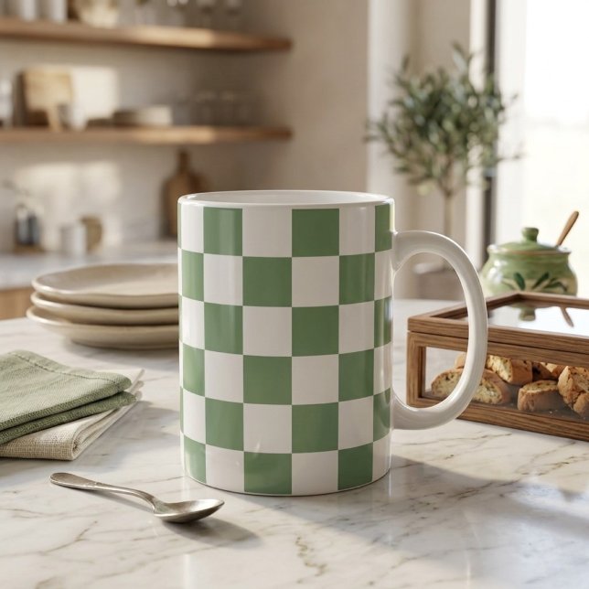 Checkered Sage Green and White Coffee Mug (Creator Uploaded)