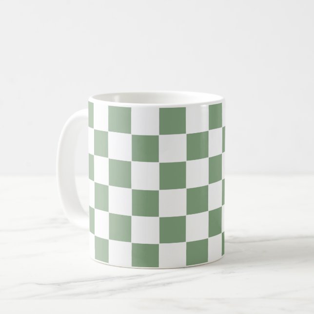 Checkered Sage Green and White Coffee Mug (Front Left)
