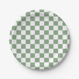 Checkered Sage Green and White Paper Plates
