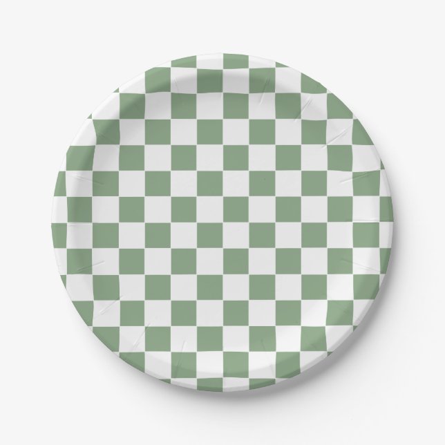 Checkered Sage Green and White Paper Plates (Front)