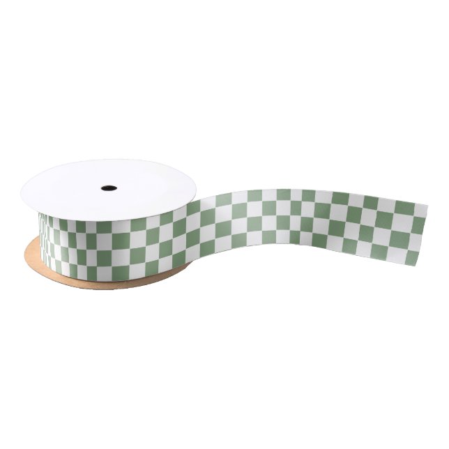 Checkered Sage Green and White Satin Ribbon (Spool)