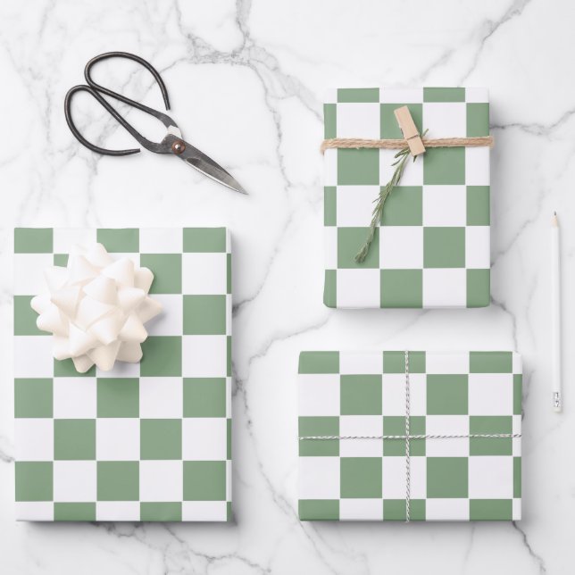 Checkered Sage Green and White Wrapping Paper Sheets (Front)