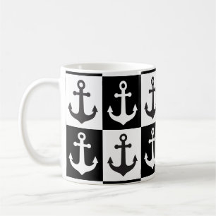Checkered Ship Anchor Pattern - Black and White Coffee Mug