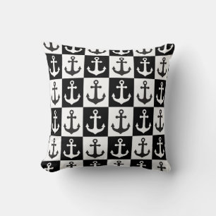 Checkered Ship Anchor Pattern - Black and White Throw Pillow