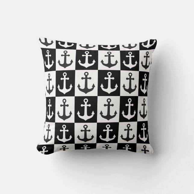 Checkered Ship Anchor Pattern - Black and White Throw Pillow (Front)