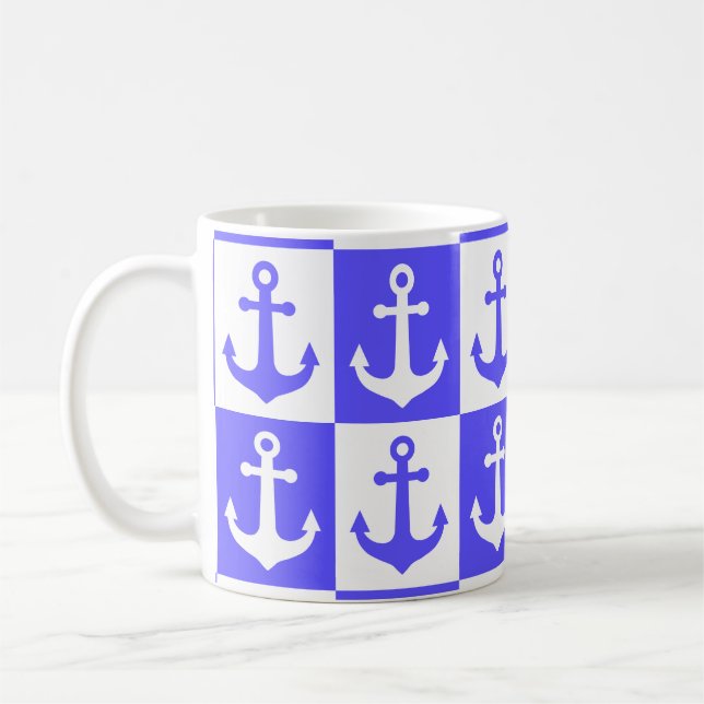 Checkered Ship Anchor Pattern - Ocean Blue  Coffee Mug (Left)