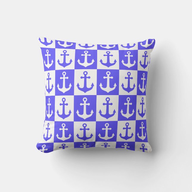 Checkered Ship Anchor Pattern - Ocean Blue Throw Pillow (Front)