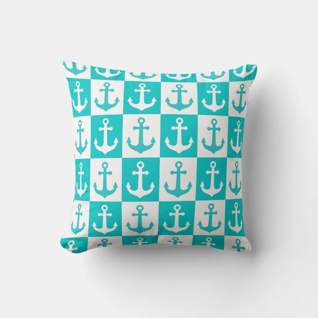 Checkered Ship Anchor Pattern - Ocean Blue  Throw Pillow (Front)