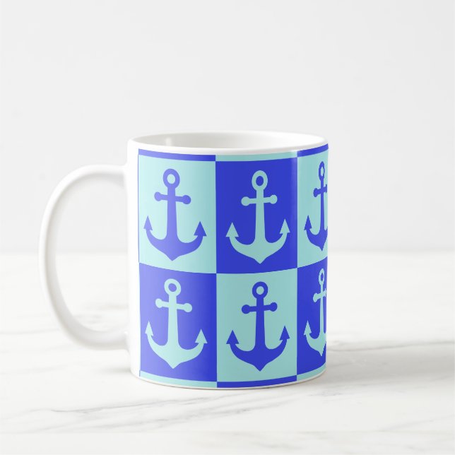 Checkered Ship Anchor Pattern - Ocean Blue Tones  Coffee Mug (Left)