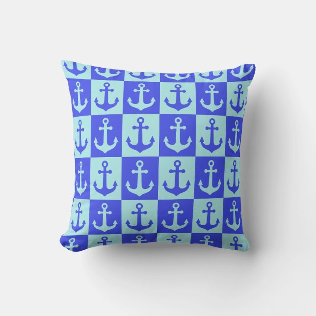 Checkered Ship Anchor Pattern - Ocean Blue Tones Throw Pillow (Front)