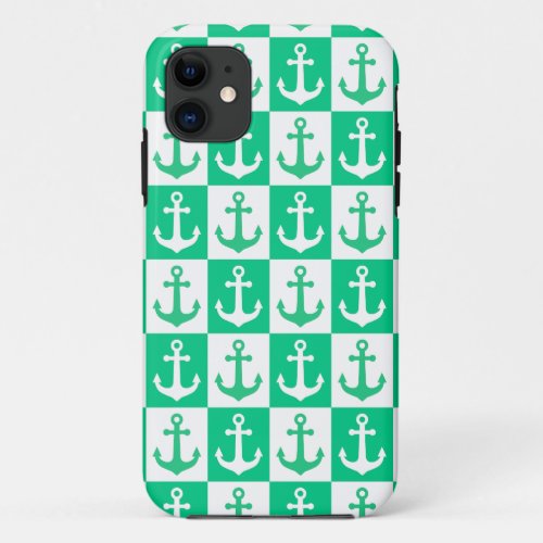 Checkered Ship Anchor Pattern _ Ocean Green    iPhone 11 Case