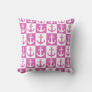 Checkered Ship Anchor Pattern - Pink and White Throw Pillow