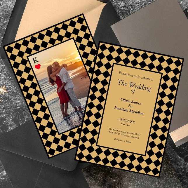 Checkered Simple Modern Black Gold Wedding Invitation (Creator Uploaded)