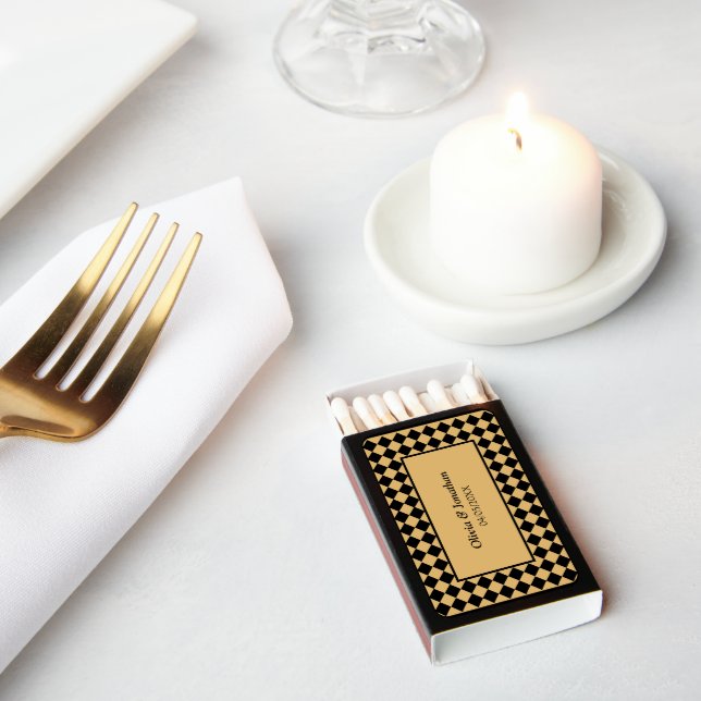 Checkered Simple Modern Black Gold Wedding Matchboxes (Insitu)