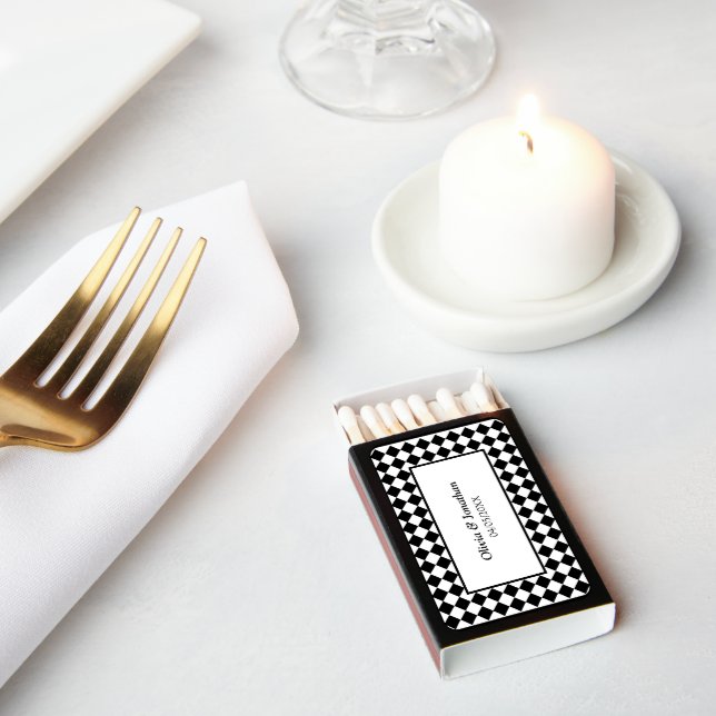 Checkered Simple Modern Black White Wedding Matchboxes (Insitu)
