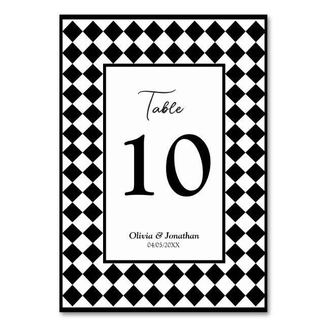 Checkered Simple Modern Black White Wedding Table Number (Front)