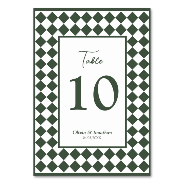 Checkered Simple Modern Dark Green Wedding Table Number (Front)