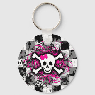 Checkered Skull With Hot Pink Splatter Keychain