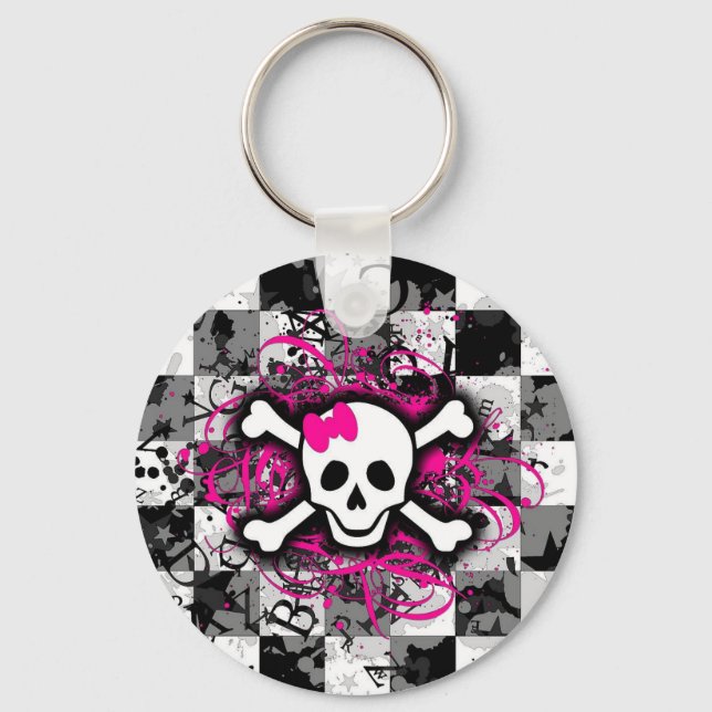Checkered Skull With Hot Pink Splatter Keychain (Front)