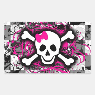 Checkered Skull With Hot Pink Splatter Rectangular Sticker