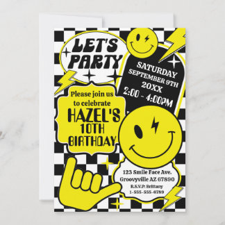 Checkered Smile Face Birthday Party Invitation