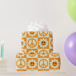 Checkered Smiling Flowers and Orange Peace Signs Wrapping Paper