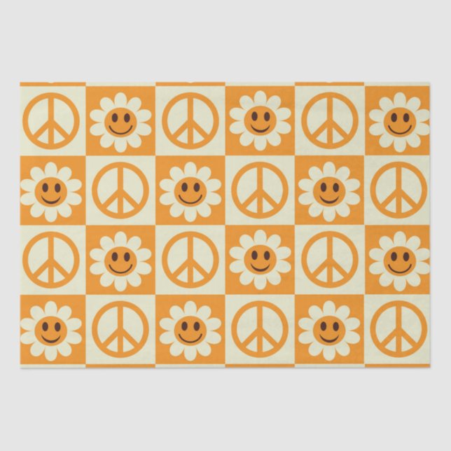 Checkered Smiling Flowers and Peace Signs Orange  Tissue Paper (Front)