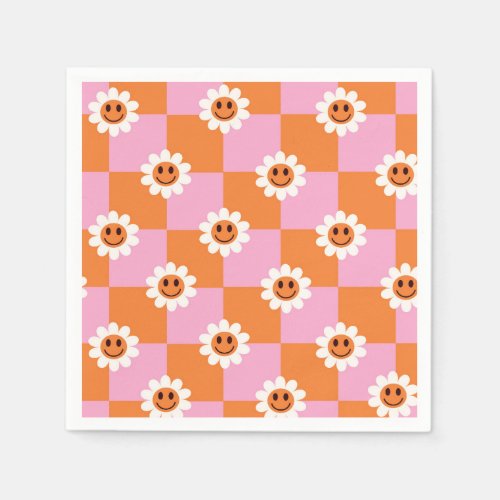 Checkered Smiling flowers on pink orange sqaures  Napkins