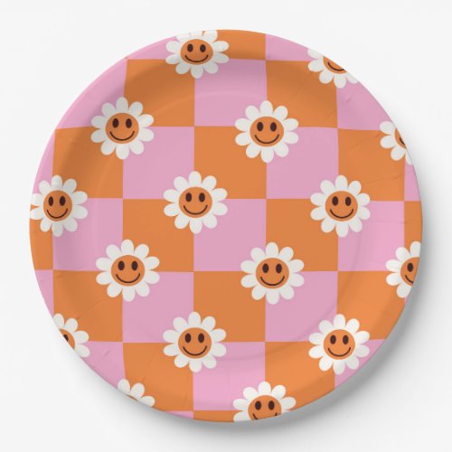 Checkered Smiling flowers on pink orange sqaures  Paper Plates