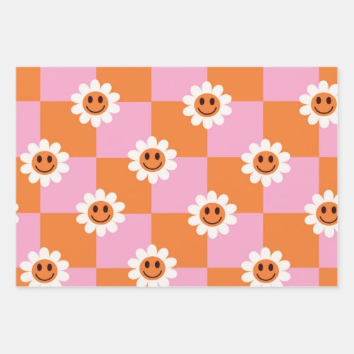 Checkered Smiling flowers on pink orange sqaures  Wrapping Paper Sheets