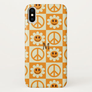 Checkered Smiling Flowers Peace Sign Orange Custom iPhone X Case