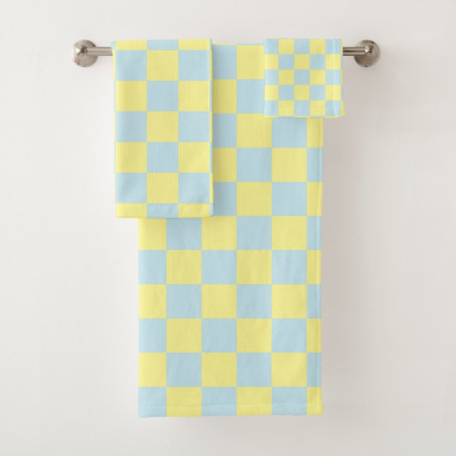 Checkered Soft Blue and Yellow Bath Towel Set (Insitu)