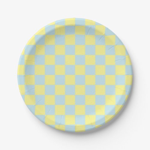 Checkered Soft Blue and Yellow Paper Plates