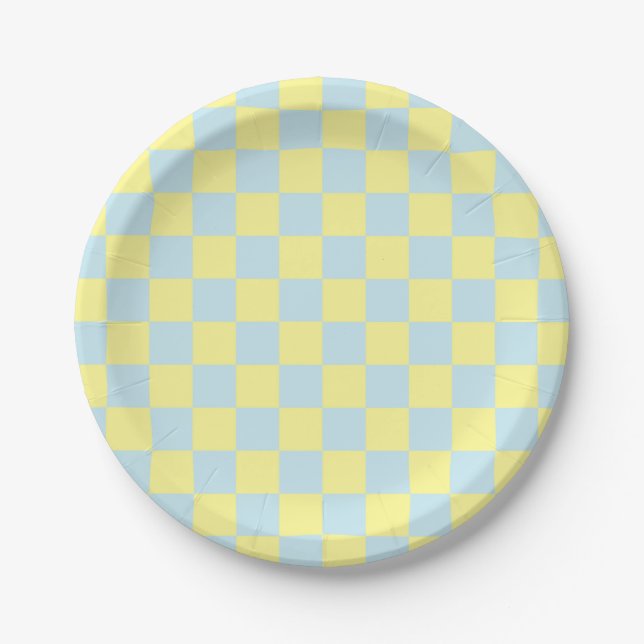 Checkered Soft Blue and Yellow Paper Plates (Front)