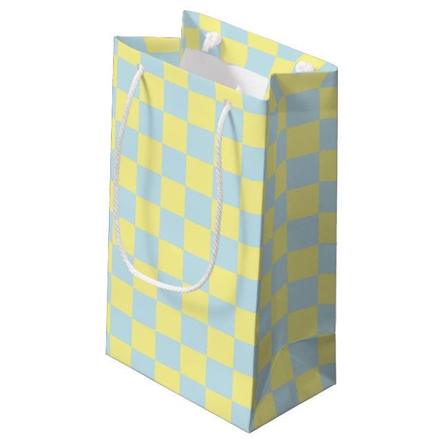 Checkered Soft Blue and Yellow Small Gift Bag (Back Angled)