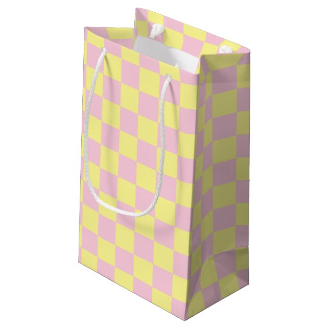 Checkered Soft Pink and Yellow Small Gift Bag (Back Angled)