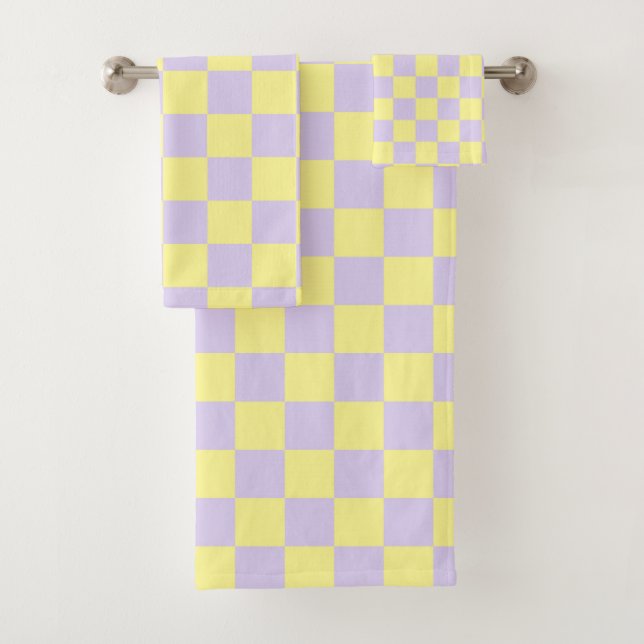 Checkered Soft Yellow and Purple Bath Towel Set (Insitu)