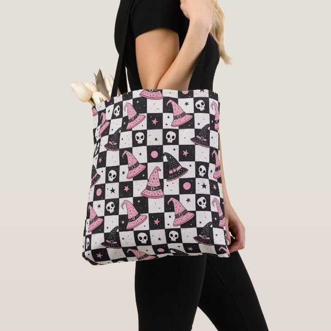 Checkered Spooky Witch Hat & Skulls Tote Bag (Close Up)