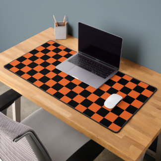 Checkered squares Black and Orange geometric retro Desk Mat