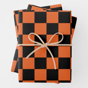 Checkered squares Black and Orange geometric retro Wrapping Paper Sheets