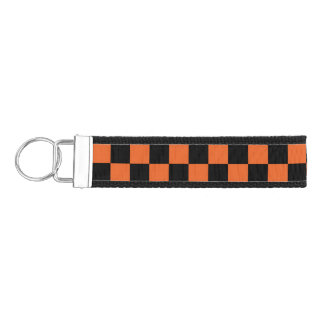 Checkered squares Black and Orange geometric retro Wrist Keychain