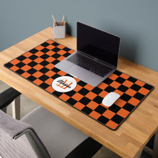 Checkered squares black and orange retro Monogram Desk Mat