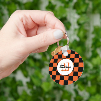 Checkered squares black and orange retro Monogram Keychain