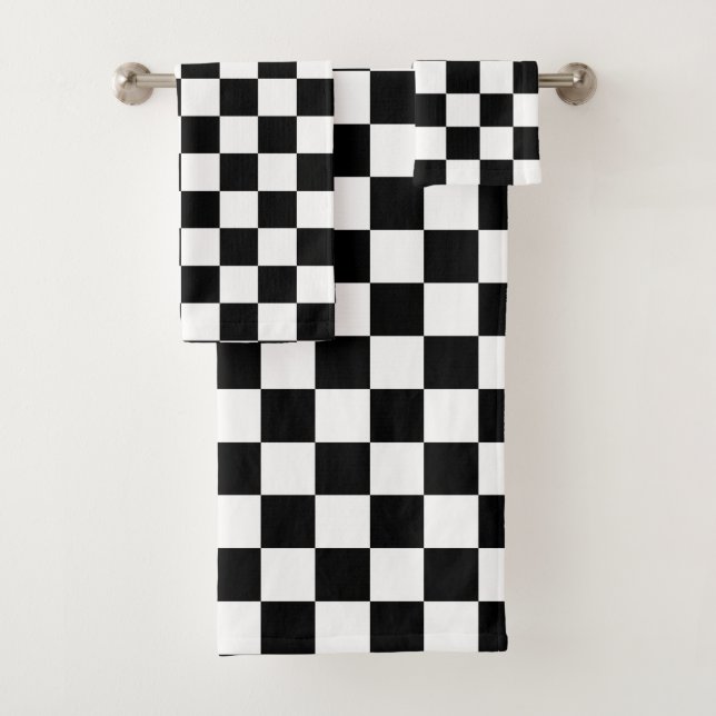 Checkered squares black and white geometric retro bath towel set (Insitu)