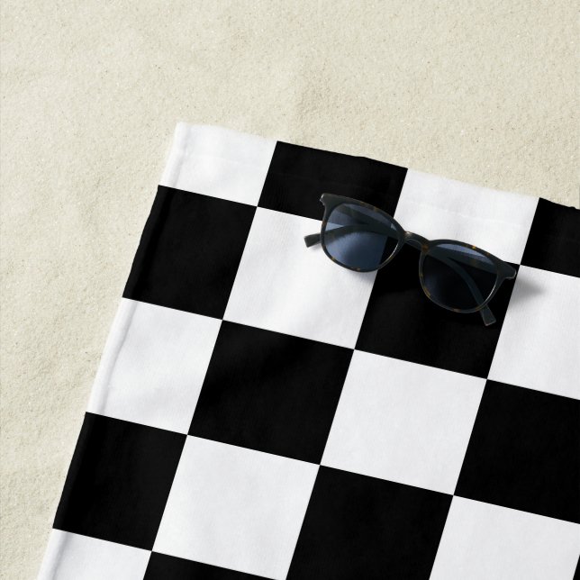 Checkered squares black and white geometric retro beach towel (In Situ)
