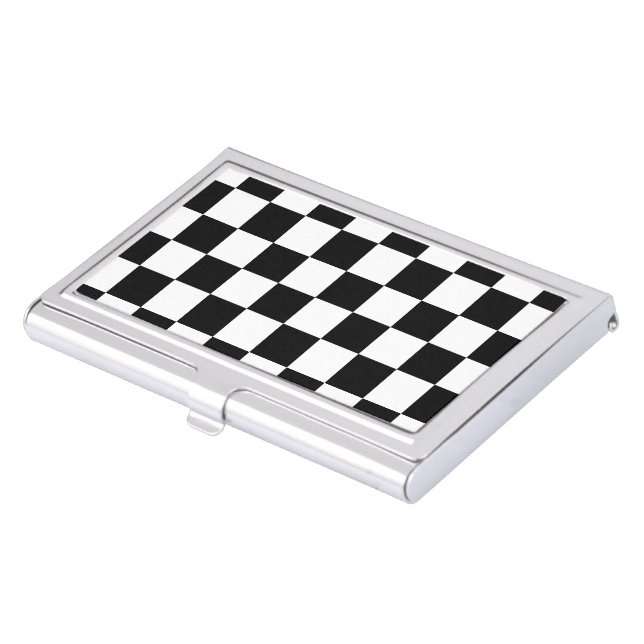 Checkered squares black and white geometric retro business card case (Front)