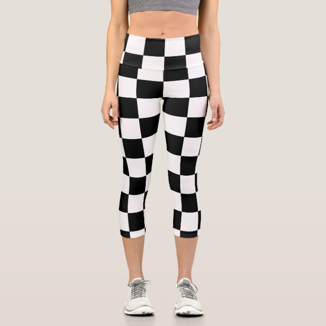 Checkered squares black and white geometric retro  capri leggings (Front)