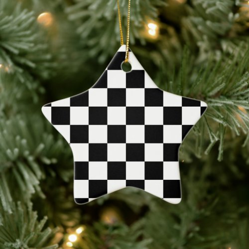 Checkered squares black and white geometric retro ceramic ornament