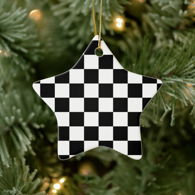 Checkered squares black and white geometric retro ceramic ornament (Tree)
